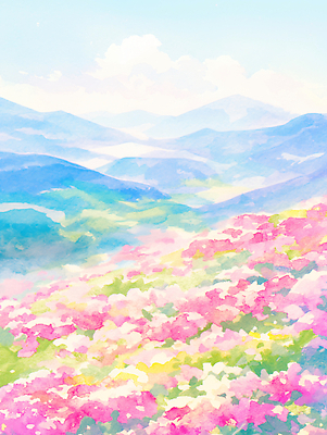 JPG 꽃 분홍색 꽃밭 일러스트 자연 산 풍경 여름 봄 철쭉 국내일러스트 AI일러스트 AI콘텐츠 식물 계절 컬러 생태계 파일형식