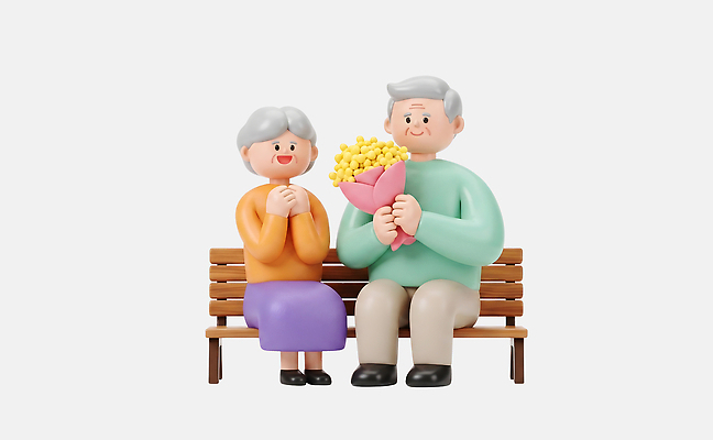 PSD 편집이미지 기념일 할아버지 꽃 행복 할머니 꽃다발 벤치 가족 대화 사랑 미소 편집3D 식물 여자 노년 남자 감정 의자 관계 표정 말하기 이벤트 3D 파일형식