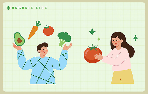 여자 남자 음식 농업 토마토 채소 과일 일러스트 자연 건강 요리 생활 당근 거래 신선 브로콜리 유기농 아보카도 건강식 국내일러스트 AI파일 웰빙 산업 뿌리채소 사람 생태계 파일형식 벡터