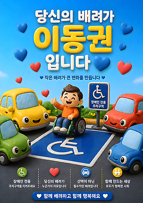 JPG 편집이미지 행복 포스터 한명 사람 사회 메시지 변화 주차 장애인 알림 휠체어 주차장 배려 장애인전용 중요성 장애인주차구역 이미지편집 AI컴퓨터그래픽 AI콘텐츠 1 감정 컨셉 장애 공동체 파일형식
