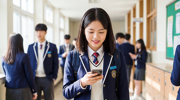 JPG 편집이미지 학생 여학생 여자 교육 교복 학교 청소년 고등학생 스마트폰 학습 복도 의료성형뷰티 편집실사 AI인물포토 AI콘텐츠 옷 사람 핸드폰 스마트기기 CG 파일형식 AI포토 전자제품