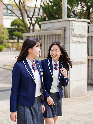 JPG 편집이미지 학생 여학생 여자 교복 학교 청소년 고등학생 대화 웃음 친구 걷기 하교 교정 의료성형뷰티 편집실사 AI인물포토 AI콘텐츠 옷 교육 관계 모션 표정 말하기 사람 CG 등하교 파일형식 AI포토