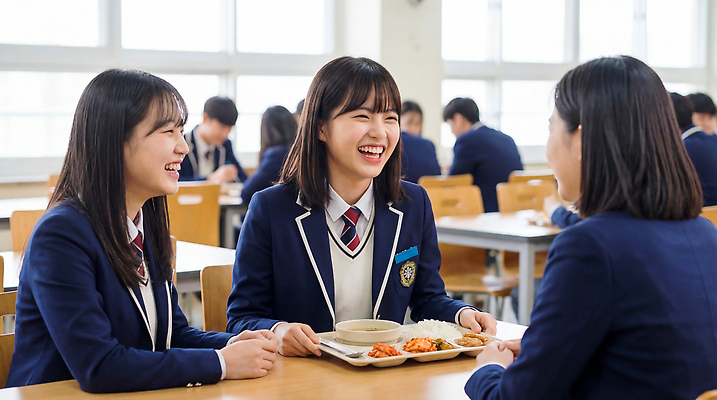 JPG 편집이미지 학생 여학생 여자 교복 음식 학교 고등학생 대화 웃음 친구 학습 식당 점심 급식 급식소 의료성형뷰티 편집실사 AI인물포토 AI콘텐츠 옷 교육 관계 청소년 표정 말하기 사람 상점 CG 파일형식 AI포토 모션