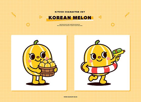 캐릭터 디자인 과일 일러스트 놀이 여름 바구니 귀여움 즐거움 참외 튜브 물총 참외캐릭터 일러캐릭터 AI파일 계절 감정 컨셉 파일형식 벡터