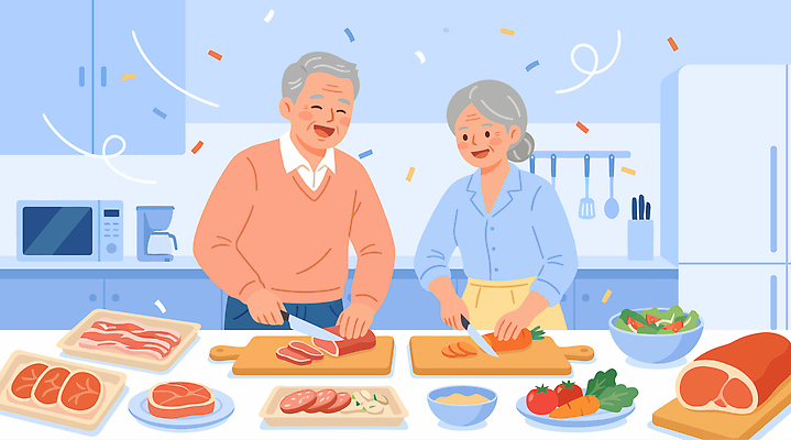 부부 행복 음식 채소 일러스트 재료 식탁 함께함 육류 요리 웃음 사람 주방 노부부 식사 자르기 즐거움 준비 국내일러스트 AI파일 커플 감정 컨셉 식재료 모션 탁자 표정 파일형식 벡터