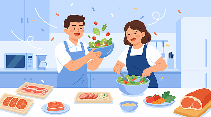 여자 남자 채소 과일 일러스트 재료 주방용품 대화 요리 주방 샐러드 신선 즐거움 만들기 요리중 건강식 맛있는 국내일러스트 AI파일 감정 음식 생활용품 모션 말하기 사람 파일형식 벡터