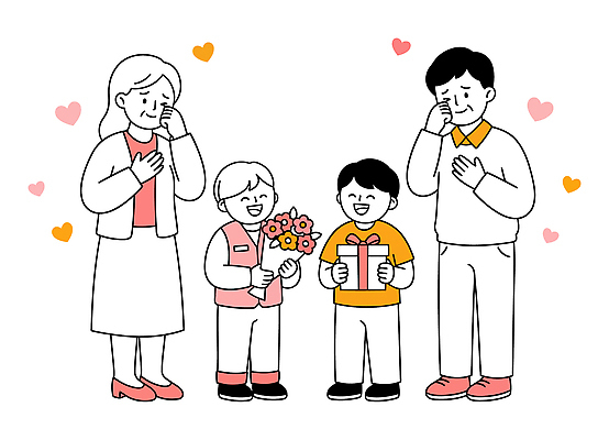기념일 꽃 행복 어린이 일러스트 가족 선물 사랑 웃음 이벤트 선물상자 부모 기쁨 축하 감동 국내일러스트 AI파일 식물 감정 컨셉 관계 표정 사람 상자 파일형식 벡터