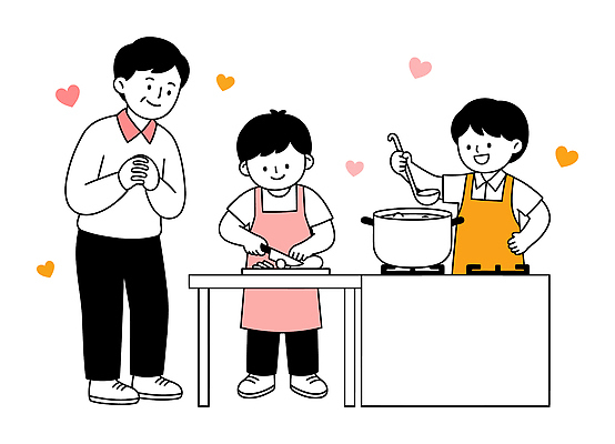 행복 어린이 음식 일러스트 가정 가족 함께함 요리 웃음 부모 주방 자녀 아빠 냄비 재료손질 국내일러스트 AI파일 감정 컨셉 관계 표정 사람 솥 손질 파일형식 벡터