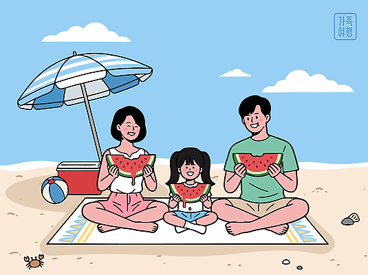 어린이 여행 일러스트 가족 휴식 가족여행 수박 해변 여름 부모 모래사장 시원함 즐거움 해수욕 국내일러스트 AI파일 계절 감정 바다 컨셉 과일 관계 휴가 사람 파일형식 벡터