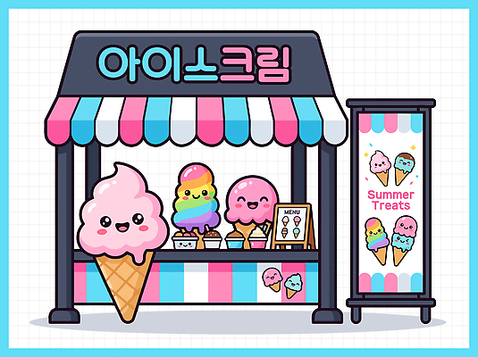 일러스트 아이스크림 디저트 여름 판매 상점 맛 즐거움 메뉴 소프트아이스크림 가판대 아이스크림가게 국내일러스트 AI파일 계절 감정 음식 컨셉 아이스크림장사 파일형식 벡터 장사 상업