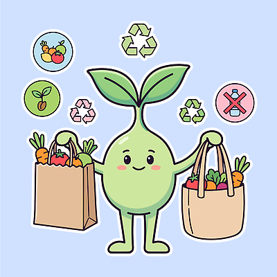 식물 캐릭터 음식 채소 가방 과일 일러스트 자연 장보기 자연보호 환경 재활용 플라스틱 친환경 에코백 저탄소 탄소제로 국내일러스트 AI파일 잡화 재질 보호 에코 생태계 녹색성장 파일형식 벡터 컨셉