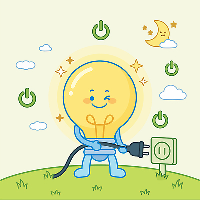 캐릭터 디자인 일러스트 전구 기술 웃음 초록색 에너지 전선 달 플러그 전기에너지 연결 국내일러스트 AI파일 자연요소 컬러 표정 파일형식 벡터