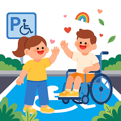 어린이 상징 무지개 일러스트 친구 하트 인사 장애인 즐거움 휠체어 소통 장애인전용 장애인주차구역 국내일러스트 AI파일 자연요소 모양 감정 컨셉 관계 사람 예절 주차 장애 파일형식 벡터