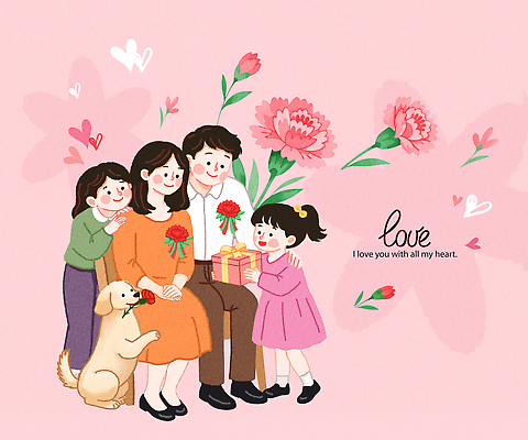 PSD 꽃 행복 어린이 일러스트 가족 따뜻함 선물 사랑 성인 부모 기쁨 자녀 마음 개 어버이날 그림 가정의달 국내일러스트 식물 기념일 감정 포유류 관계 사람 5월 파일형식 동물 이벤트 날짜