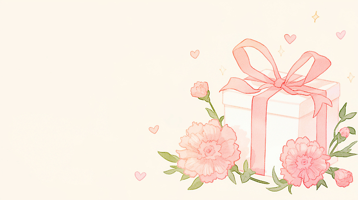 JPG 꽃 리본 분홍색 백그라운드 일러스트 수채화 선물 사랑 선물상자 상자 어버이날 스승의날 카네이션 오브젝트 가정의달 국내일러스트 식물 기념일 감정 컬러 5월 파일형식 이벤트 날짜