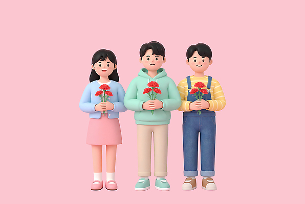 PSD 편집이미지 캐릭터 옷 꽃 어린이 분홍색 세명 친구 어버이날 카네이션 가정의달 누나 형 편집3D 식물 기념일 컬러 가족 관계 사람 3D 5월 형제 파일형식 남자 이벤트 날짜 디지털합성