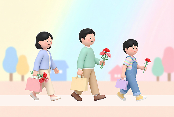 PSD 편집이미지 꽃 행복 어린이 가방 가족 함께함 여러명 여름 쇼핑 부모 걷기 어버이날 카네이션 가정의달 편집3D 식물 잡화 계절 기념일 감정 다수 컨셉 관계 모션 사람 3D 5월 파일형식 이벤트 날짜 디지털합성