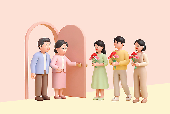 PSD 편집이미지 꽃 할머니 가족 대화 선물 사랑 문 어버이날 손주 카네이션 가정의달 편집3D 식물 여자 기념일 노년 감정 관계 말하기 3D 5월 파일형식 모션 사람 이벤트 성인 날짜 디지털합성