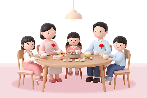 PSD 편집이미지 음식 젓가락 가족 탁자 대화 앉기 부모 식사 어버이날 카네이션 가정의달 편집3D 기념일 꽃 가구 관계 모션 수저 말하기 3D 5월 파일형식 식물 식기 생활용품 이벤트 날짜 디지털합성 오브젝트