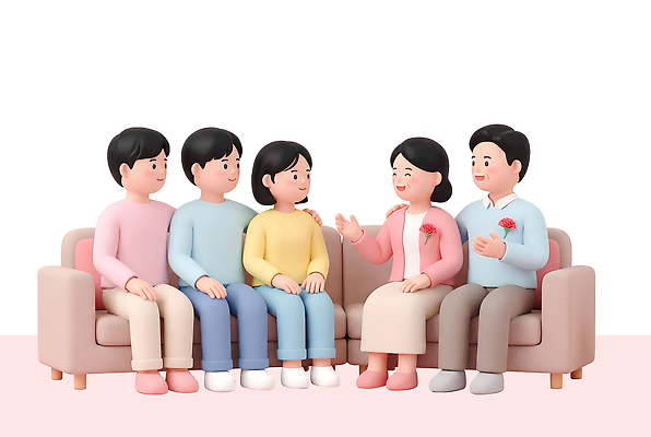 PSD 편집이미지 가족 이야기 대화 사람 소파 만남 어버이날 카네이션 가정의달 소통 편집3D 기념일 꽃 컨셉 의자 관계 말하기 3D 5월 파일형식 식물 가구 모션 이벤트 날짜 디지털합성 생활용품 오브젝트
