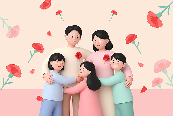 PSD 편집이미지 꽃 행복 어린이 가족 포옹 함께함 사랑 소녀 소년 성인 장식 화목 어버이날 카네이션 가정의달 편집3D 식물 여자 기념일 남자 감정 컨셉 관계 안기 사람 3D 5월 파일형식 모션 이벤트 날짜 디지털합성