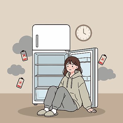 여자 음식 일러스트 표정 생활 방 가공식품 건전지 고민 냉장고 비어있는 국내일러스트 AI파일 감정 사람 가전제품 파일형식 벡터