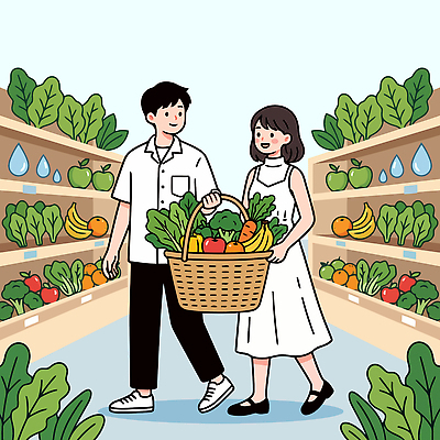여자 남자 음식 채소 과일 일러스트 함께함 건강 쇼핑 장보기 바구니 신선 가공식품 시장 유기농 진열장 국내일러스트 AI파일 웰빙 컨셉 사람 파일형식 벡터