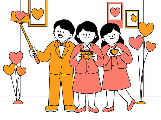 포즈 일러스트 함께함 사랑 미소 사람 장식 친구 카메라 촬영 방 하트 셀프카메라 즐거움 셀카봉 국내일러스트 AI파일 모양 감정 컨셉 관계 표정 전자제품 사진촬영 파일형식 벡터