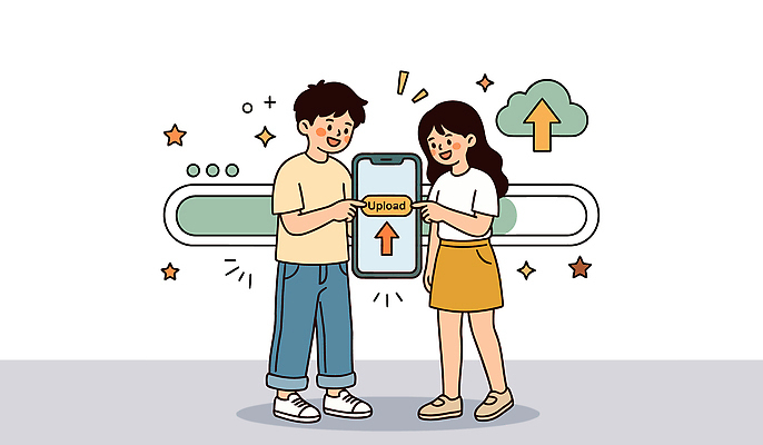 여자 남자 인터넷 일러스트 청소년 기술 대화 친구 스마트폰 스크린 즐거움 파일 클라우드서비스 업로드 숏폼 국내일러스트 AI파일 감정 관계 말하기 사람 핸드폰 스마트기기 서비스 신조어 파일형식 벡터 모션 전자제품 유행어 유행