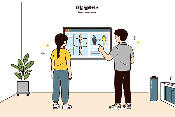 여자 교육 남자 일러스트 건강 대화 사람 건강관리 스크린 자료 정보 분석 재활 필라테스 국내일러스트 AI파일 컨셉 관리 말하기 치료 운동 파일형식 벡터 의학 모션