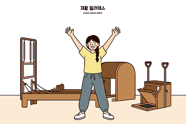 여자 일러스트 건강 운동복 운동 운동기구 스트레칭 활발 기쁨 재활 필라테스 필라테스기구 국내일러스트 AI파일 옷 감정 컨셉 사람 치료 헬스 파일형식 벡터 의학
