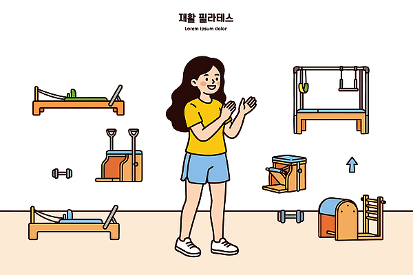 일러스트 건강 사람 운동복 운동 운동기구 스트레칭 힘 체육관 재활 필라테스 맨몸운동 필라테스기구 국내일러스트 AI파일 옷 치료 헬스 파일형식 벡터 의학
