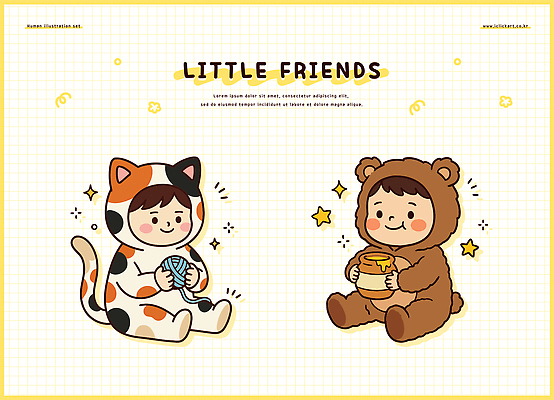 캐릭터 어린이 일러스트 곰 놀이 디저트 웃음 친구 고양이 즐거움 아동복 인형옷 국내일러스트 AI파일 동물 옷 감정 음식 포유류 관계 표정 사람 반려동물 파일형식 벡터