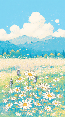 JPG 꽃 일러스트 자연 하늘 산 풍경 초원 초록색 여름 맑음 봄 흰색 그림 청록색 아기자기 국내일러스트 AI일러스트 AI콘텐츠 식물 계절 컬러 컨셉 날씨 생태계 파일형식