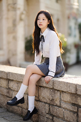 JPG 편집이미지 옷 여학생 여자 청소년 돌담 앉기 풍경 치마 블라우스 편집실사 AI인물포토 AI콘텐츠 학생 상의 모션 하의 사람 담장 돌 바위 CG 파일형식 AI포토