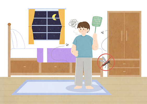 PSD 남자 일러스트 창문 실내 피곤 경고 여름 카펫 피해 방 커튼 해충 밤 걱정 모기 파리채 스타일 국내일러스트 계절 감정 컨셉 사람 내부 도구 벌레 파일형식 곤충 동물