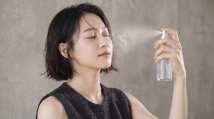 JPG 편집이미지 여자 얼굴 실내 화장 뷰티 눈감음 단발머리 뿌리기 피부 피부관리 스킨케어 미스트 의료성형뷰티 스타일 편집실사 AI인물포토 AI콘텐츠 헤어스타일 모션 사람 내부 신체부위 화장품 CG 파일형식 AI포토