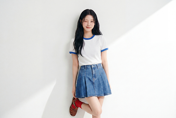 JPG 편집이미지 긴머리 여자 패션 벽 티셔츠 양말 윙크 성인 일상 캐주얼 분위기 청치마 여름옷 의료성형뷰티 스타일 편집실사 AI인물포토 AI콘텐츠 헤어스타일 옷 컨셉 셔츠 표정 사람 라이프 여름 치마 CG 파일형식 AI포토 계절 상의 하의 생활