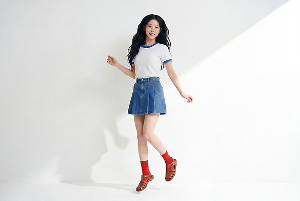 JPG 편집이미지 여자 패션 신발 티셔츠 양말 표정 웃음 성인 빨간색 즐거움 청치마 여름옷 의료성형뷰티 편집실사 AI인물포토 AI콘텐츠 옷 감정 컬러 셔츠 사람 여름 치마 CG 파일형식 AI포토 계절 상의 하의