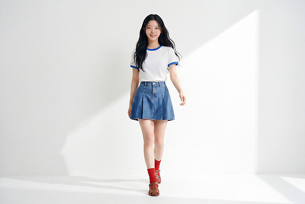 JPG 편집이미지 여자 패션 운동화 티셔츠 성인 청춘 치마 햇빛 갈색 걷기 다리 청치마 여름옷 의료성형뷰티 스타일 편집실사 AI인물포토 AI콘텐츠 옷 컬러 신발 컨셉 셔츠 모션 하의 사람 빛 CG 파일형식 여름_계절 AI포토 상의