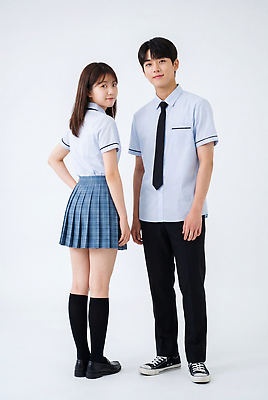 JPG 편집이미지 학생 커플 응시 옷 여학생 교복 남학생 청소년 넥타이 두명 치마 의료성형뷰티 스타일 편집실사 AI인물포토 AI콘텐츠 시선 잡화 여자 남자 관계 하의 사람 CG 파일형식 AI포토