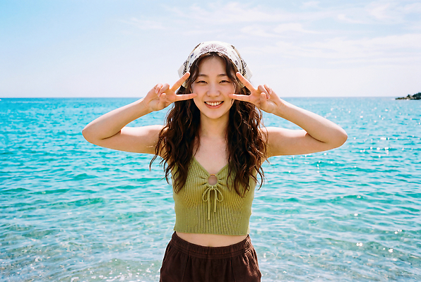 JPG 편집이미지 여자 물결 바다 상의 하늘 웃음 해변 여름 모래사장 햇빛 즐거움 브이 의료성형뷰티 수평선 편집실사 AI인물포토 AI콘텐츠 옷 계절 감정 표정 사람 손짓 빛 CG 파일형식 AI포토 모션