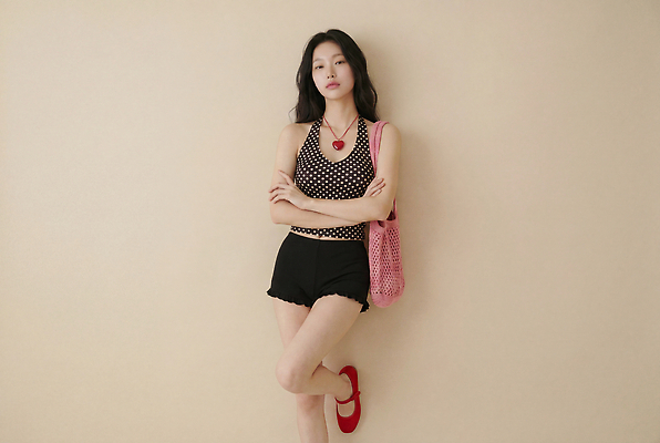JPG 모델 편집이미지 옷 여자 패션 포즈 신발 가방 한명 서기 성인 민소매 팔짱 의료성형뷰티 스타일 Y2K 편집실사 AI인물포토 AI콘텐츠 1 잡화 컨셉 상의 모션 사람 CG 파일형식 AI포토