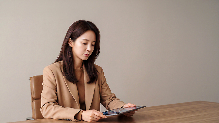 JPG 편집이미지 여자 회의 직장 태블릿 사무실 작업 집중 회의실 문서 의료성형뷰티 편집실사 AI인물포토 AI콘텐츠 컨셉 회사 비즈니스 사람 전자제품 스마트기기 CG 파일형식 AI포토
