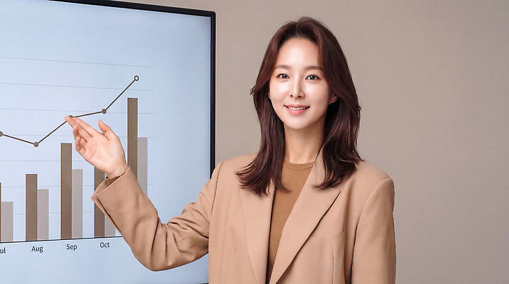 JPG 편집이미지 여자 통계 그래프 설명 사무실 스크린 자료 가리킴 업무 발표 의료성형뷰티 편집실사 AI인물포토 AI콘텐츠 비즈니스 모션 사람 손짓 작업 CG 파일형식 AI포토