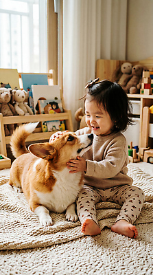 JPG 동물 편집이미지 행복 가족 놀이 웃음 반려동물 장난감 귀여움 놀이방 방 아기 개 웰시코기 의료성형뷰티 편집실사 AI인물포토 AI콘텐츠 감정 컨셉 포유류 관계 표정 사람 CG 파일형식 AI포토