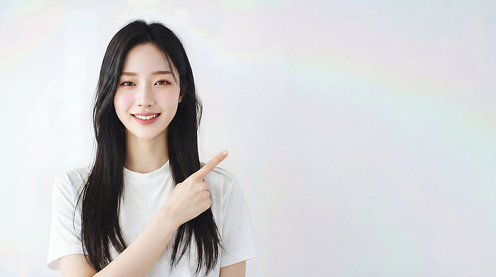 JPG 편집이미지 여자 손가락 실내 밝음 웃음 사람 손짓 가리킴 방향 의료성형뷰티 편집실사 AI인물포토 AI콘텐츠 손 모션 표정 내부 CG 파일형식 AI포토 신체부위