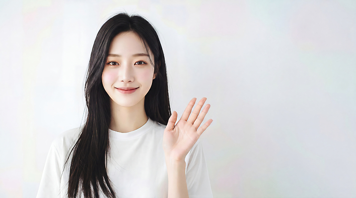 JPG 편집이미지 여자 실내 표정 미소 사람 인사 즐거움 손흔들기 의료성형뷰티 편집실사 AI인물포토 AI콘텐츠 감정 모션 내부 예절 CG 파일형식 AI포토