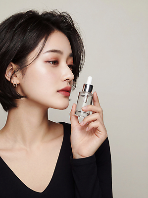 JPG 모델 편집이미지 손 여자 얼굴 포즈 짧은머리 실내 관리 뷰티 촉촉함 상품 피부 스킨케어 의료성형뷰티 세럼 편집실사 AI인물포토 AI콘텐츠 헤어스타일 사람 내부 신체부위 화장품 젖음 CG 파일형식 AI포토