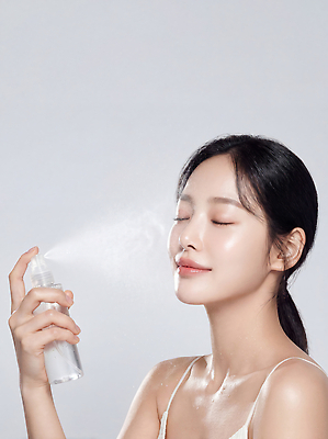 JPG 편집이미지 여자 얼굴 실내 표정 물 화장 뷰티 뿌리기 피부 스프레이 스킨케어 미스트 보습 뷰티풀 의료성형뷰티 편집실사 AI인물포토 AI콘텐츠 자연요소 모션 사람 내부 신체부위 화장품 CG 파일형식 AI포토
